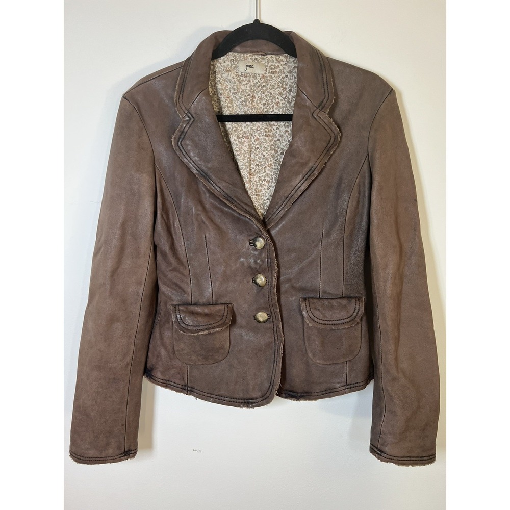 June Women's M Brown Genuine Leather Blazer Jacket Distressed Floral Lined Boho
